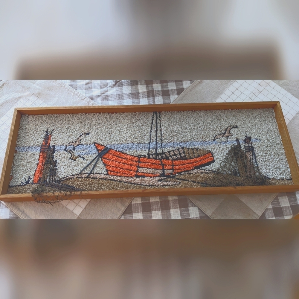 MCM 1960s Mosaic Pebble Art  Sailboat & Seagulls – Framed Wall Hanging Rare Find